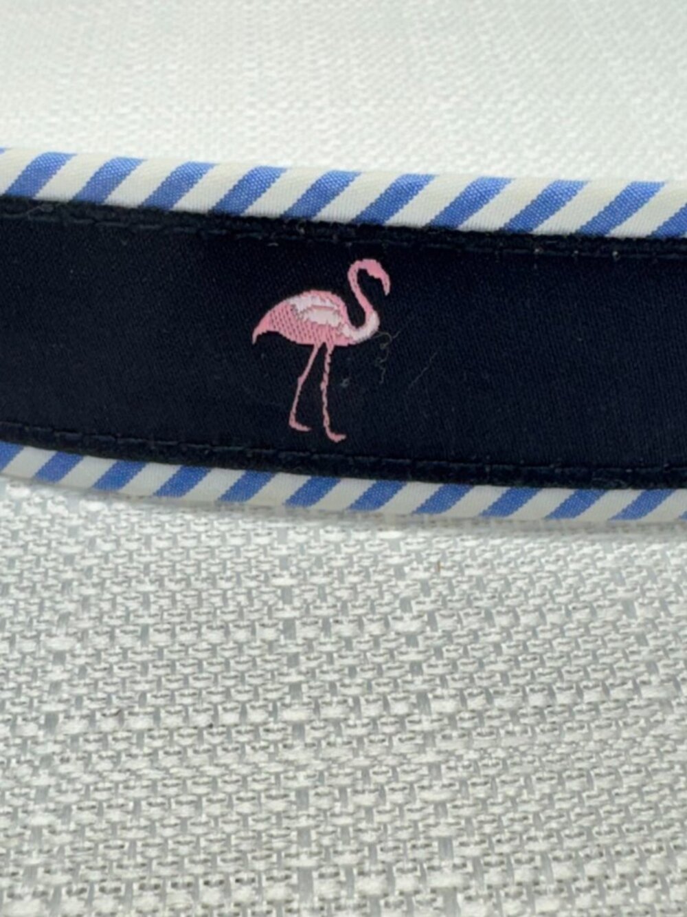 Brooks Brothers Flamingo Embroidered Canvas Leather Belt Navy  Stripe Mens 36 - Picture 3 of 7